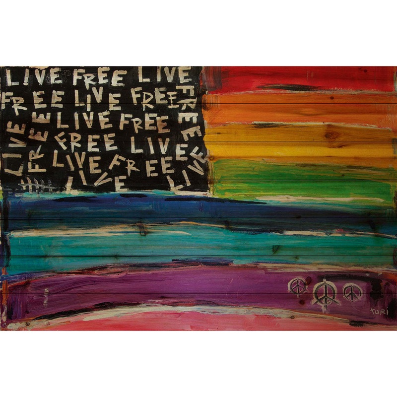 ‘Live Free Rainbow Flag’ Painting Print on Natural Pine Wood Ebern Designs Size: 40″ H x 60″ W