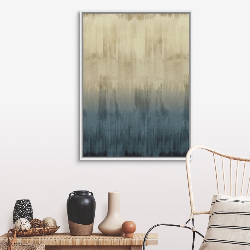 Abstract Drip Light Blue Tan by David Moore – Painting Print on Canvas Wrought Studio Size: 42″ H x 32″ W x 1.75″ D Format: White Floater Framed Canvas