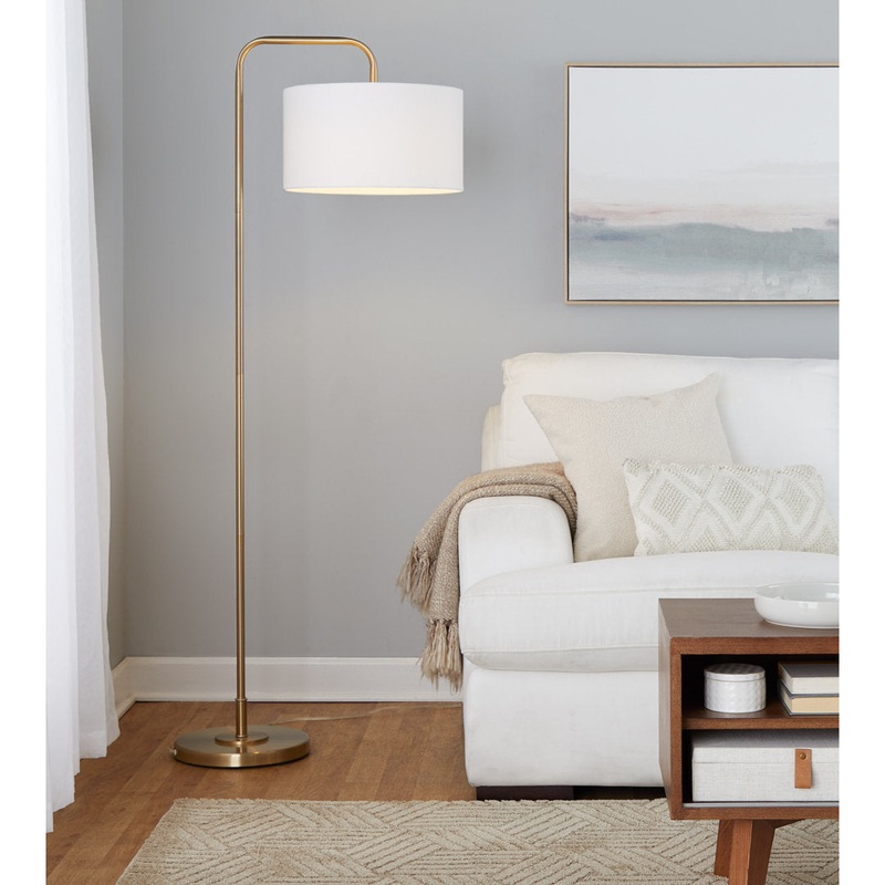 Batesville 63.75″ Arched Floor Lamp Wade Logan Base Finish: Plated Gold/Off-White Linen
