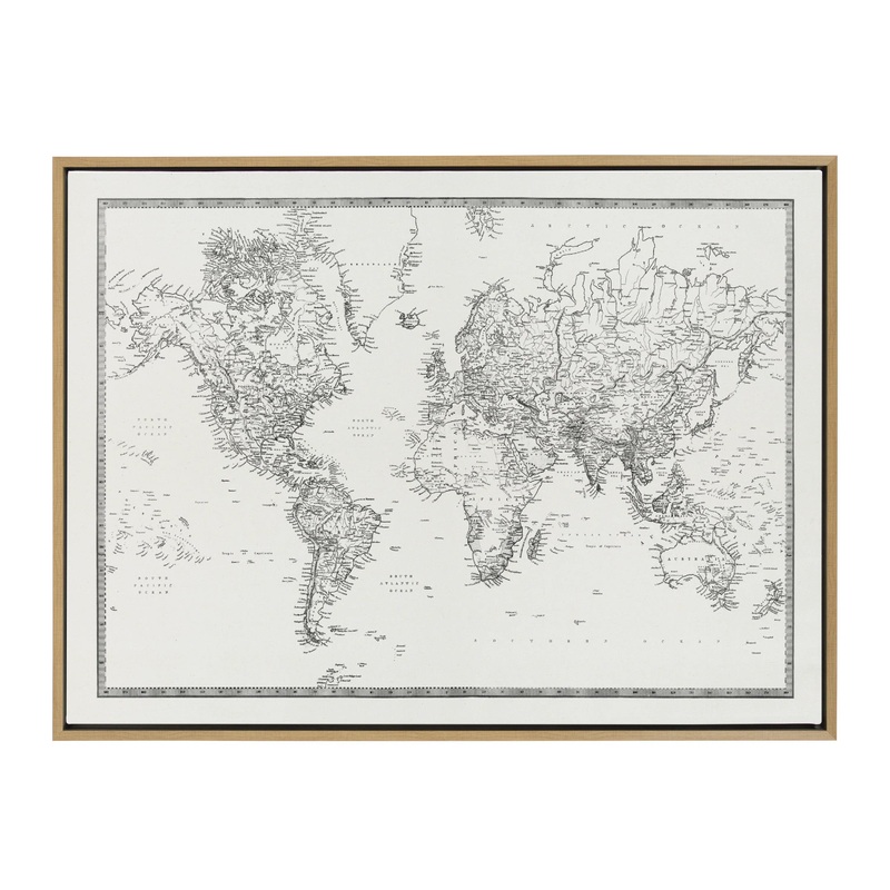 Vintage Black And White World Map BW FLINEN With Frame-28″x38″