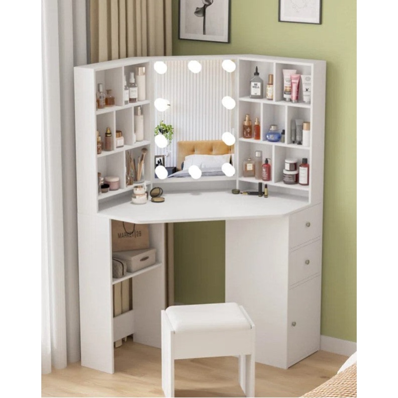 Wide Corner Vanity Set with Stool and Mirror