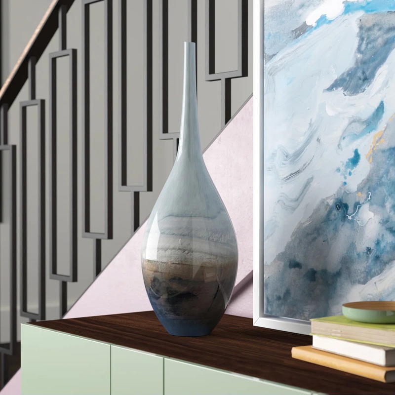21″ Blue Gray and Taupe Handblown Spun Glass Vase