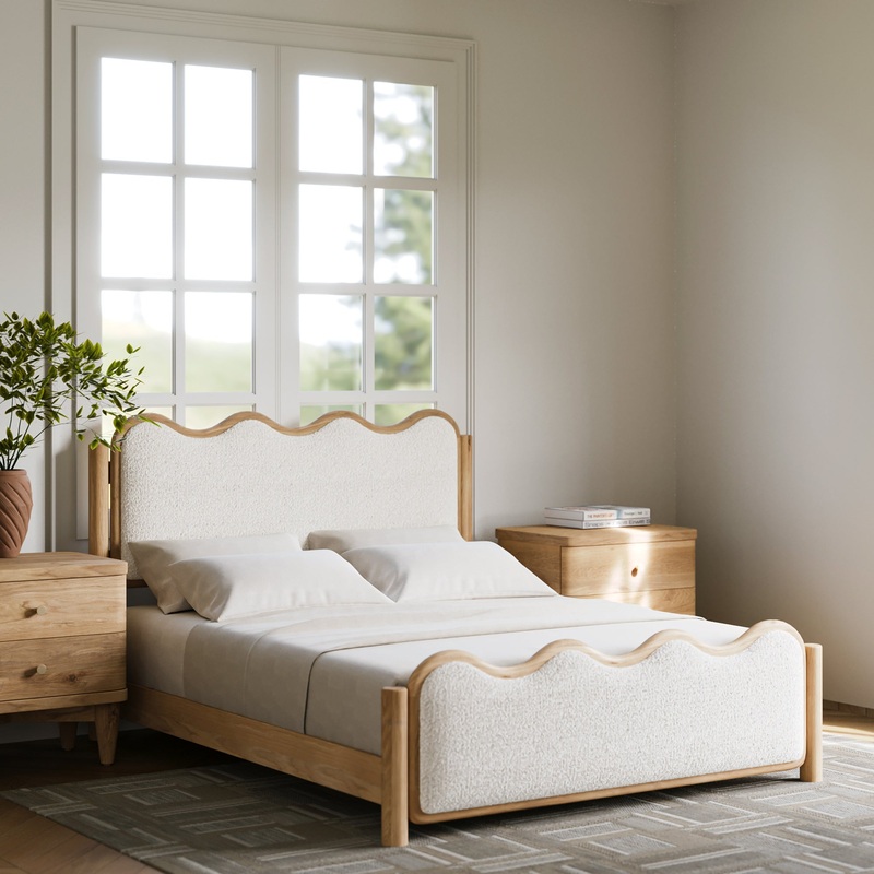 Whimsical Wave Queen Bed – Eco-friendly Oak & Boucl