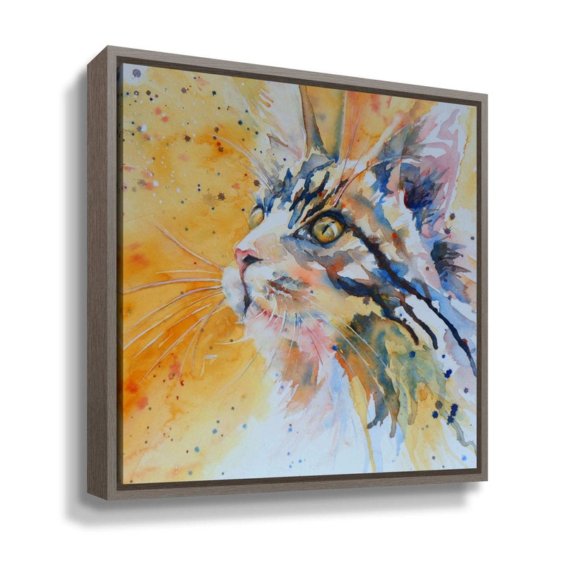 “Cat 9″ by Liz Chaderton Playful Cat Canvas Wall Art Latitude Run Size: 10″ H x 10″ W x 2” D Format: Gray Floater Frame