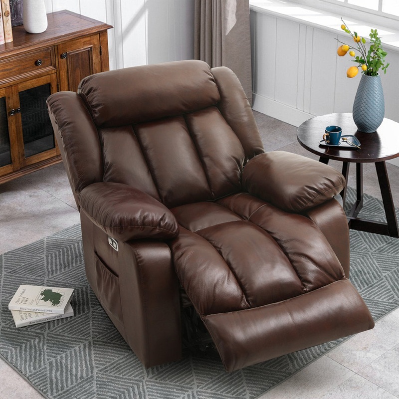 40.1” Wide Dual Motor Genuine Leather Power Lift Assist Standard Recliner with Massager Latitude Run Body Fabric: Brown Genuine Leather