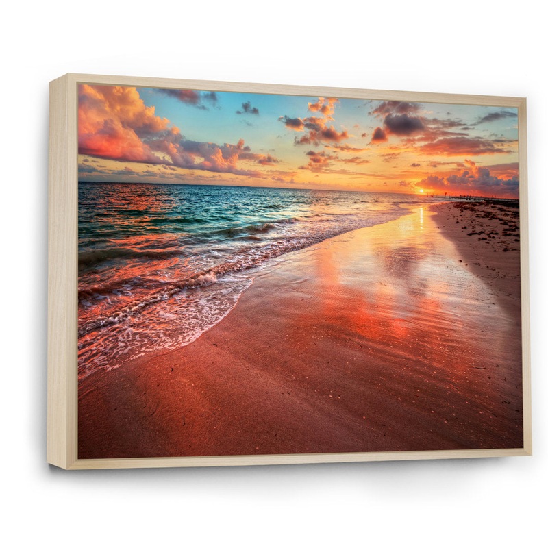 Sunset over an Ocean Beach Shore II – Photograph on Canvas East Urban Home Size: 16″ H x 32″ W x 1″ D Format: Maple Floater Framed