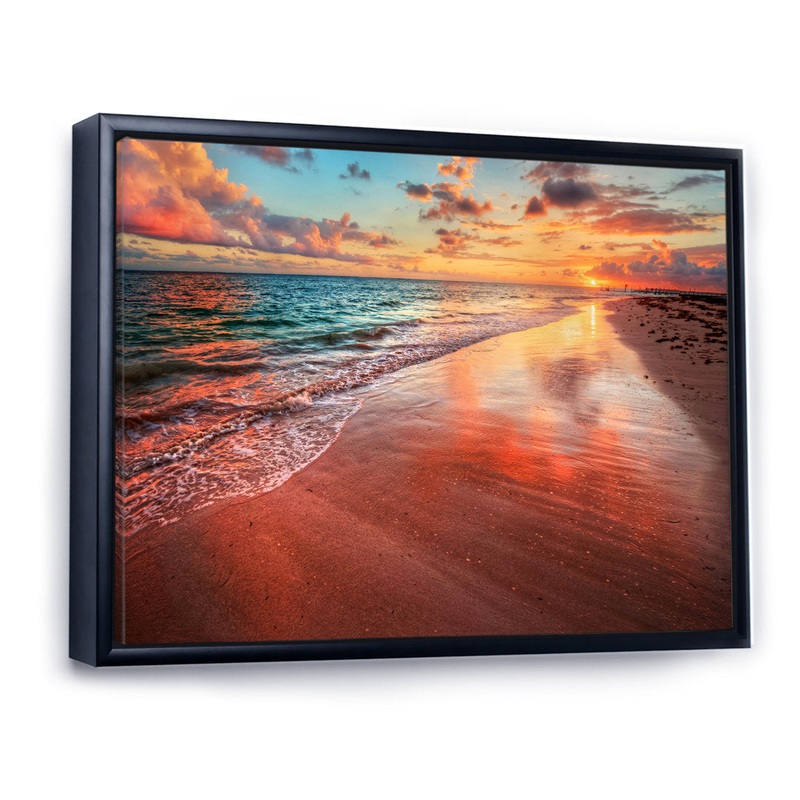 Sunset over an Ocean Beach Shore II – Photograph on Canvas East Urban Home Size: 30″ H x 40″ W x 1.5″ D Format: Black Floater Framed