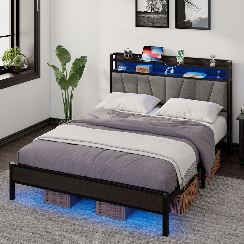 Brekin LED Platform Bed with Charging Station & RGBW LED Light, Storage Headboard Linen Upholstered Wade Logan Color: Black Size: King