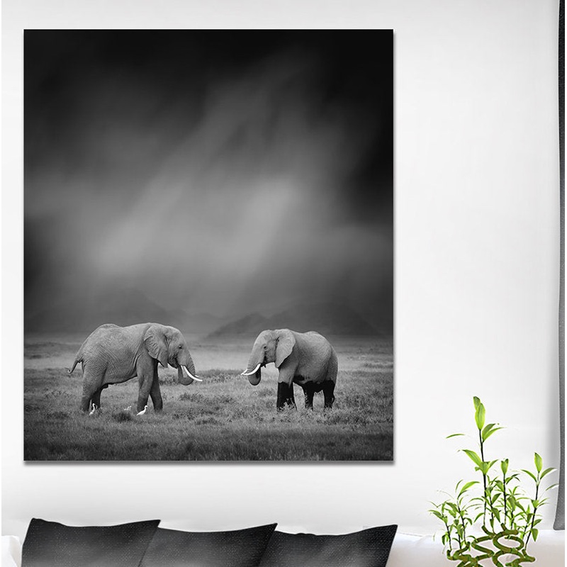 2 African Elephant in Dark Artwork’ Graphic Art Print on Wrapped Canvas East Urban Home Size: 40″ H x 30″ W x 1.5″ D