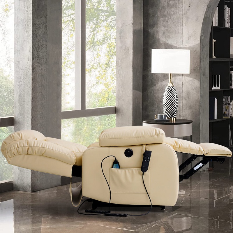 40.1” Wide Dual Motor Genuine Leather Power Lift Assist Standard Recliner with Massager Latitude Run Body Fabric: Beige Genuine Leather