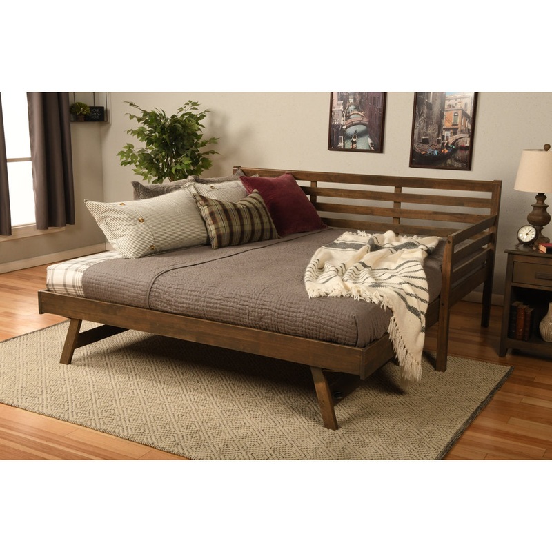 Alhamdi Boho Daybed and Pop-Up Bed with Mattresses Lark Manor Frame Color: Rustic Walnut, Mattress Color: Linen Charcoal