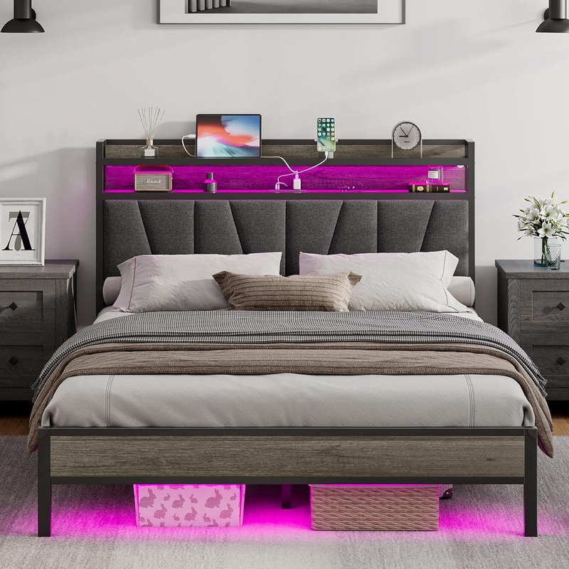 Brekin LED Platform Bed with Charging Station & RGBW LED Light, Storage Headboard Linen Upholstered Wade Logan Color: Gray Size: King