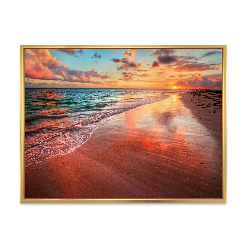 Sunset over an Ocean Beach Shore II – Photograph on Canvas East Urban Home Size: 30″ H x 40″ W x 1.5″ D Format: Gold Floater Framed