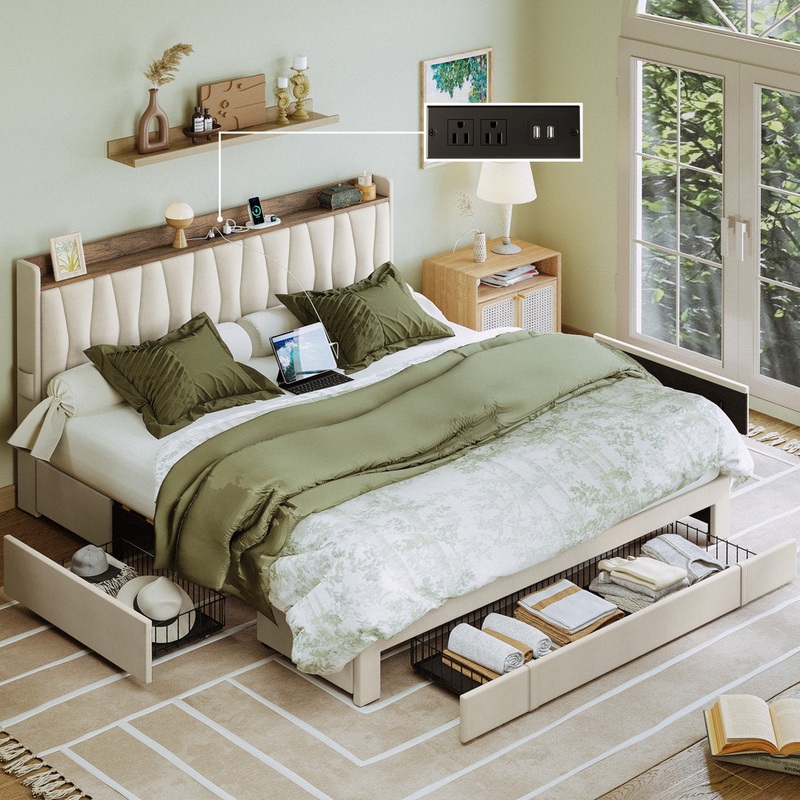 Upholstered Bed Frame with 3 Drawers, Bed with Storage Headboard and Charging Station Ivy Bronx Color: Beige Size: King