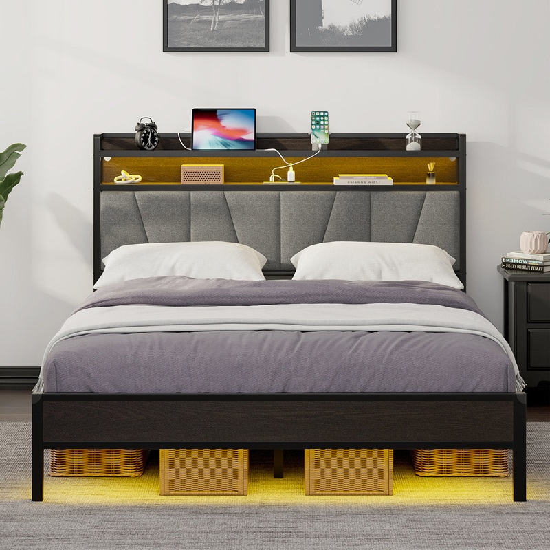 Brekin LED Platform Bed with Charging Station & RGBW LED Light, Storage Headboard Linen Upholstered Wade Logan Color: Black Size: Full