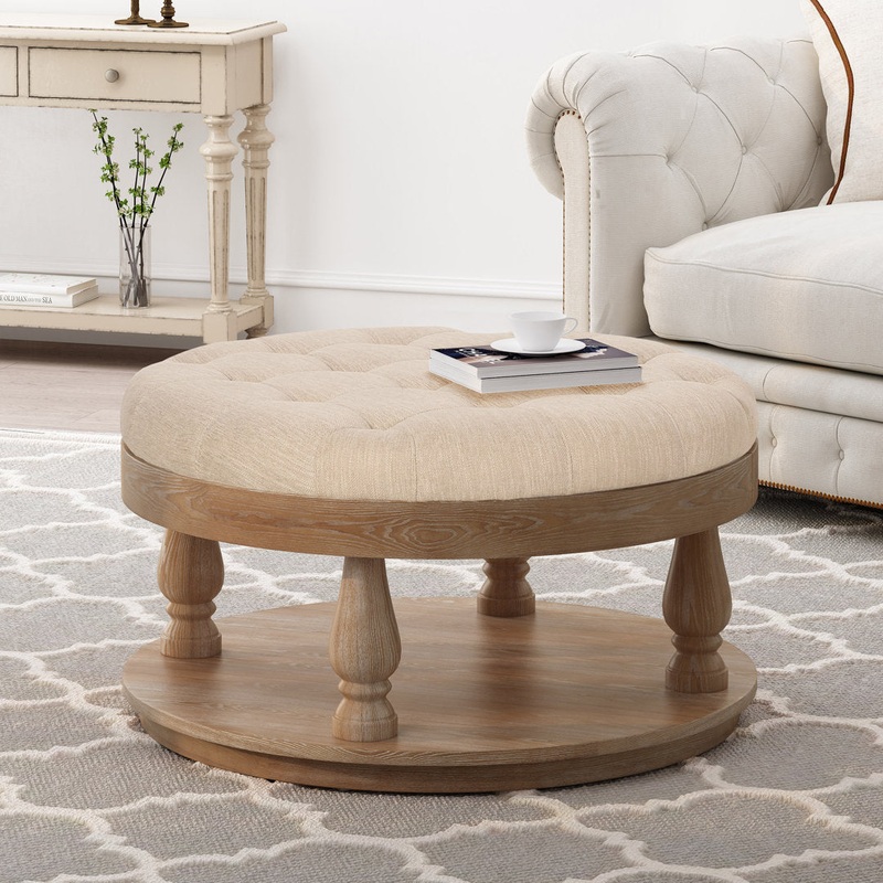 Tawney 40″ Wide Tufted Round Cocktail Ottoman with Storage Rosalind Wheeler Leg Color: Weathered Body Fabric: Beige Polyester