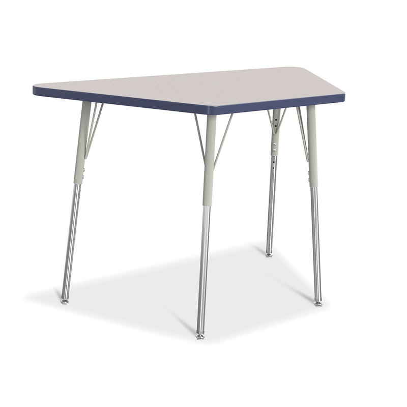 Berries Trapezoid Activity Tables Jonti-Craft Size: 28″ W x 48″ D (Adult size: 24″ – 31″ H) Side Finish: Gray / Navy