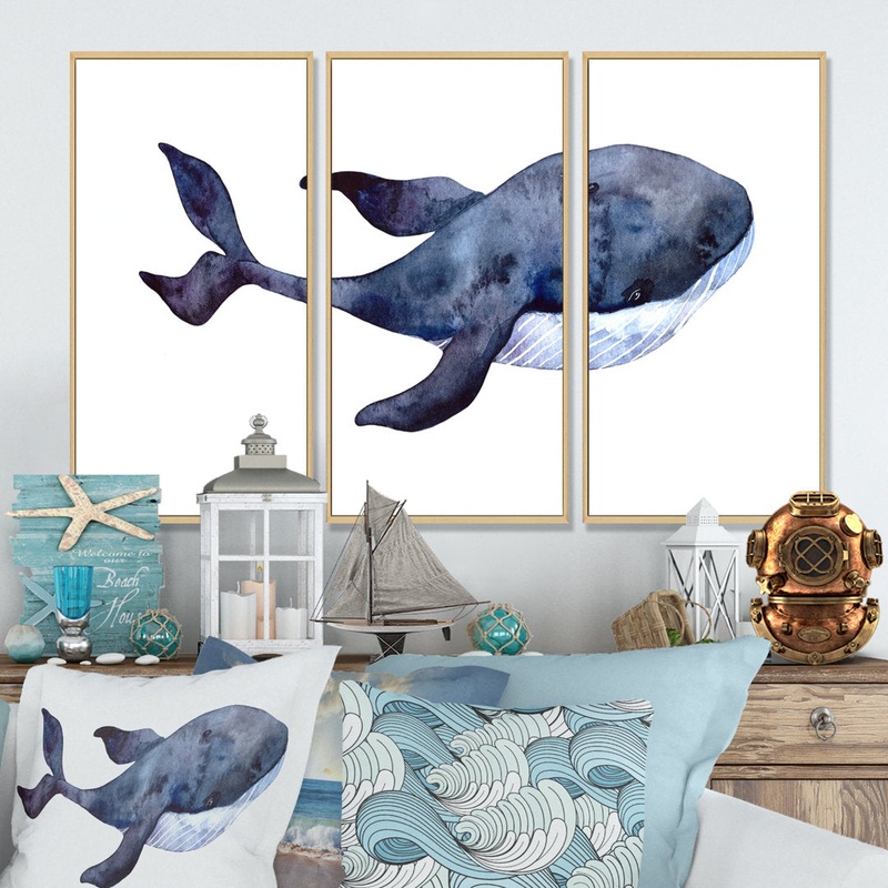 Blue Whale On White IV – Nautical & Coastal Framed Canvas Wall Art Set Of 3 Rosecliff Heights Frame Color: Brown Size: 32″ H x 48″ W x 1″ D