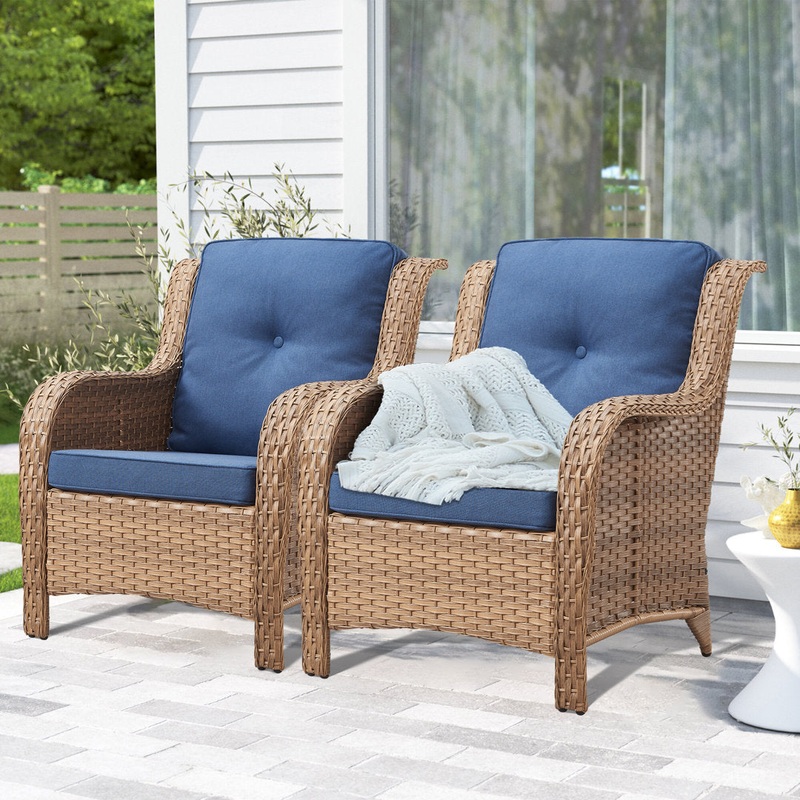 Bonia Wicker Rattan Outdoor Patio Lounge Chairs with Cushions (Set of 2) Wildon Home Frame Color/Finish: Yellow, Cushion Color: Blue