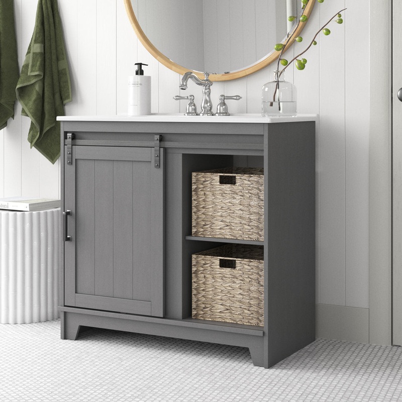 Braylen Sliding Barn Door 36″ Single Bathroom Vanity Set Sand & Stable Base Finish: Antique Gray