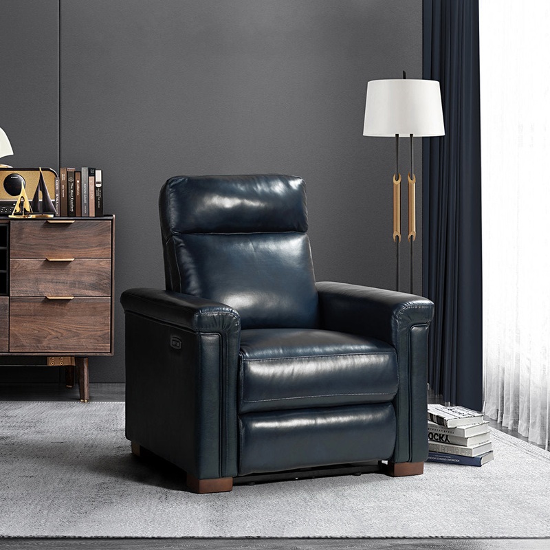 Aziah 34.65″ Wide Genuine Leather Power Recliner With USB Port Wade Logan Body Fabric: Navy Genuine Leather