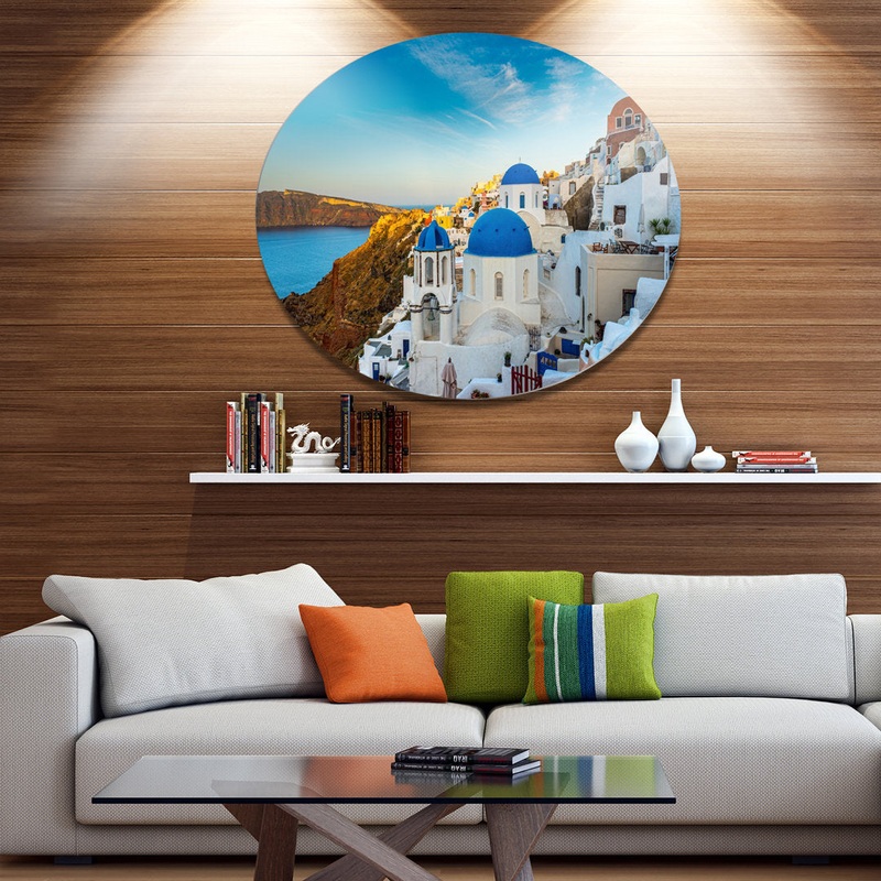 Beautiful Santorin Houses Greece’ Photograph East Urban Home Size: 38″ H x 38″ W x 1″ D Format: Metal