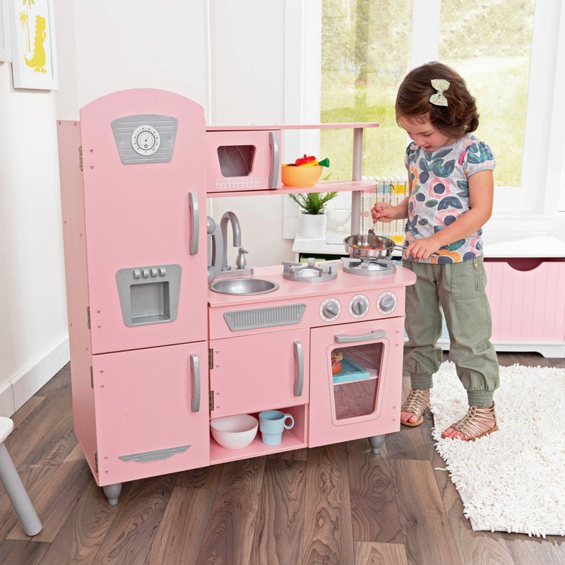 Vintage Wooden Play Kitchen with Ice Maker and Play Phone KidKraft Color: Pink