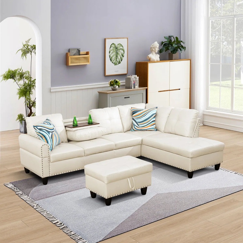 97.5″ 3-Pieces Faux Leather Sectional With Storage Ottoman, Cupholders