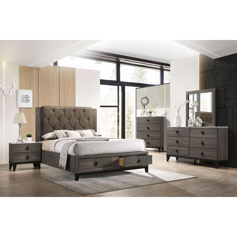 Avantika Fabric & Rustic Gray Oak Eastern King Bed (Storage)