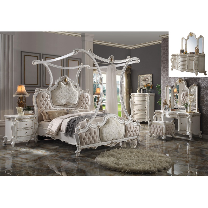 Picardy Fabric & Antique Pearl Eastern King Bed (Canopy)