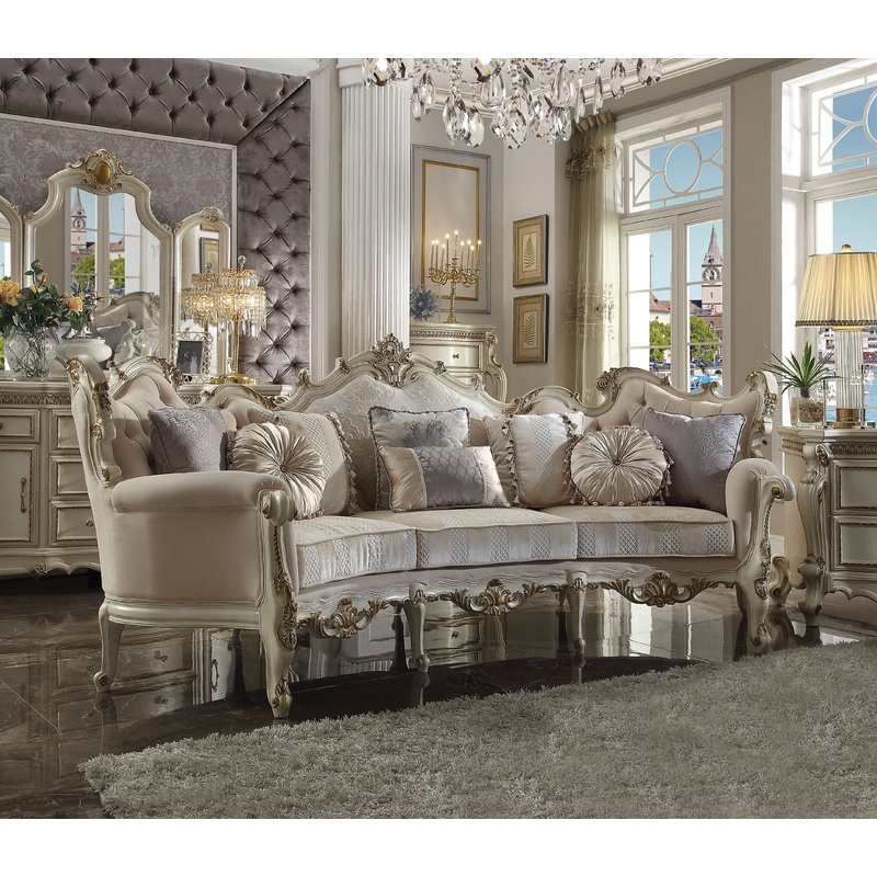 Picardy Fabric & Antique Pearl Sofa w/8 Pillows