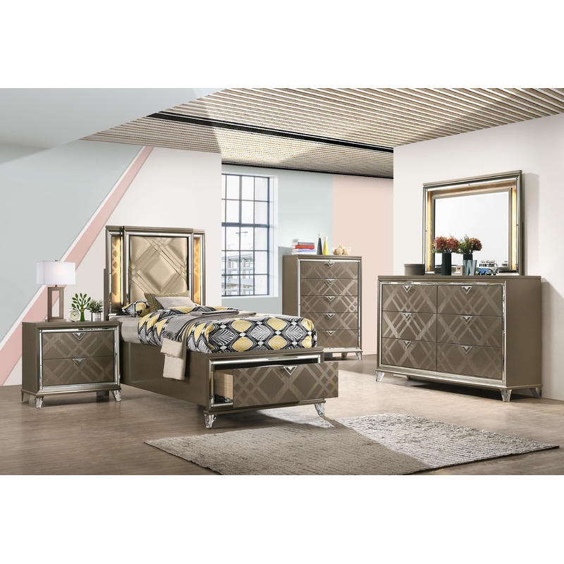 Skylar LED, PU & Dark Champagne Twin Bed (Storage & LED)