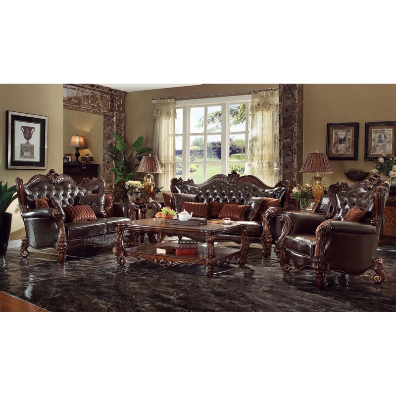 Versailles 2-Tone Dark Brown PU & Cherry Oak Sofa w/7 Pillows