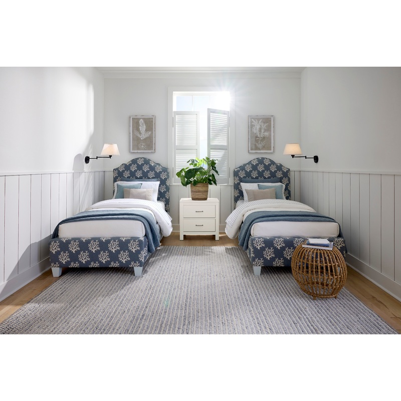 Tide & Timber – Twin – Upholstery Bed In Blue Coral Fabric – Soft White Maple