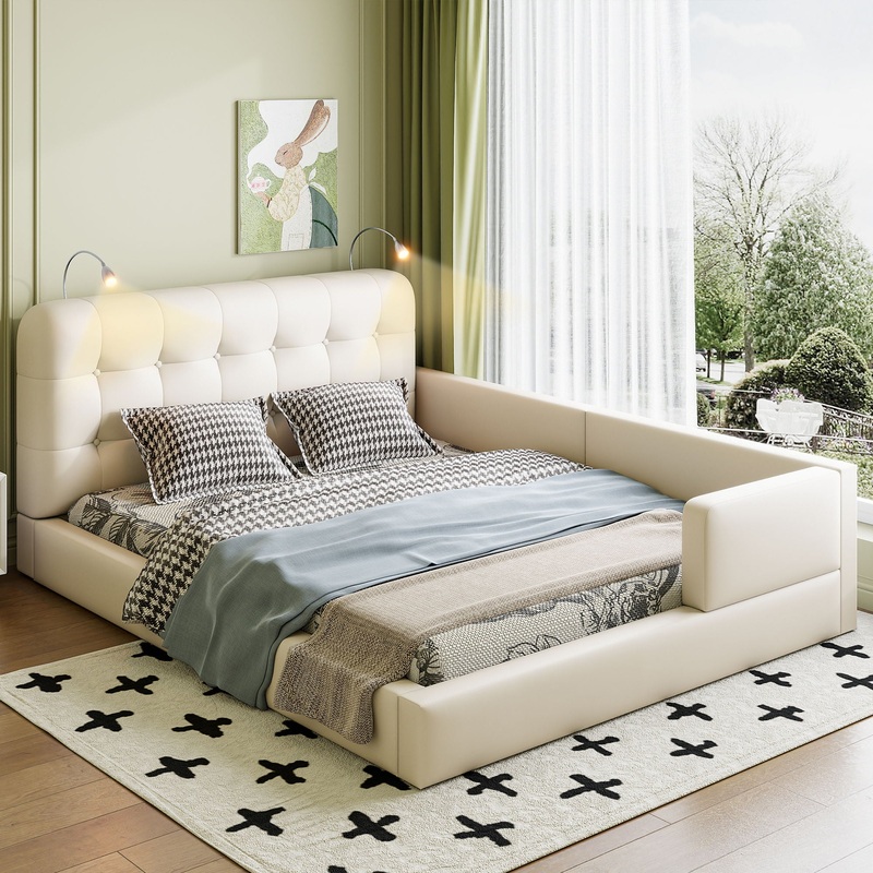 Queen Size Upholstered Platform Bed With 2 Reading Lights – White