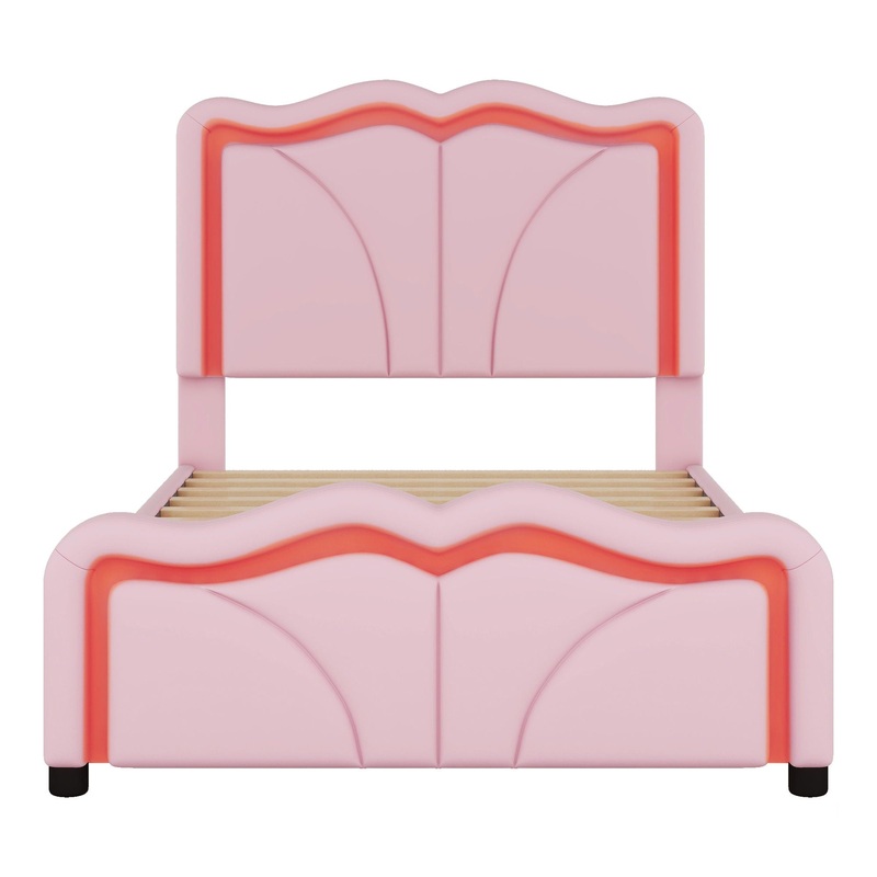 Upholstered Platform Bed & Curve Shaped And Height Adjustable Headboard, LED Light Strips
