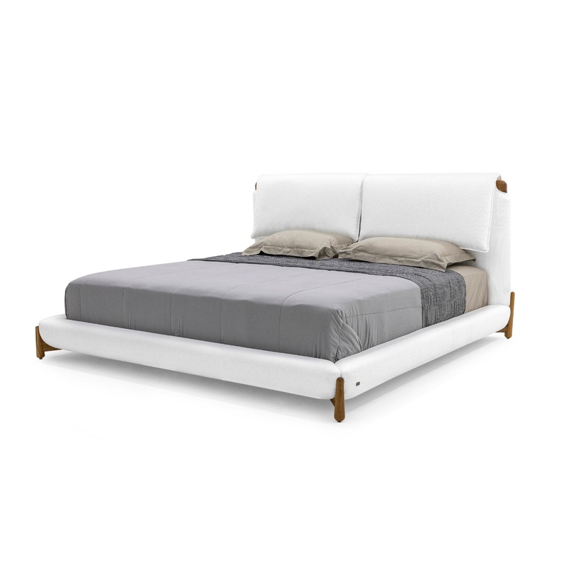 ELBOW Queen Bed in White fabric and Teak finish