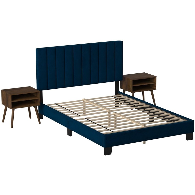 Elements International Coyote Queen Bed W/Carroll Navy w/Two End Table