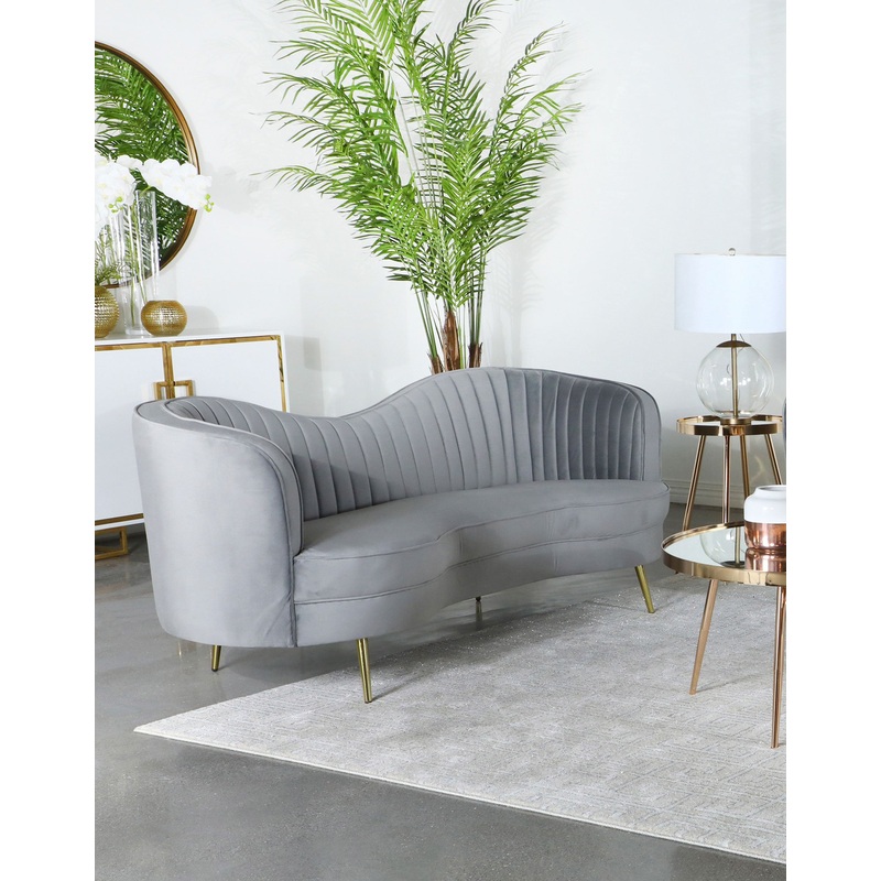 Sophia Upholstered Sofa with Camel Back Grey and Gold