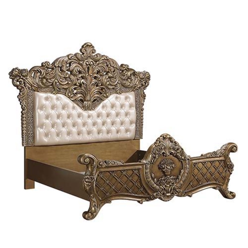 Constantine – Eastern King Bed – PU Leather, Light Gold, Brown & Gold Finish