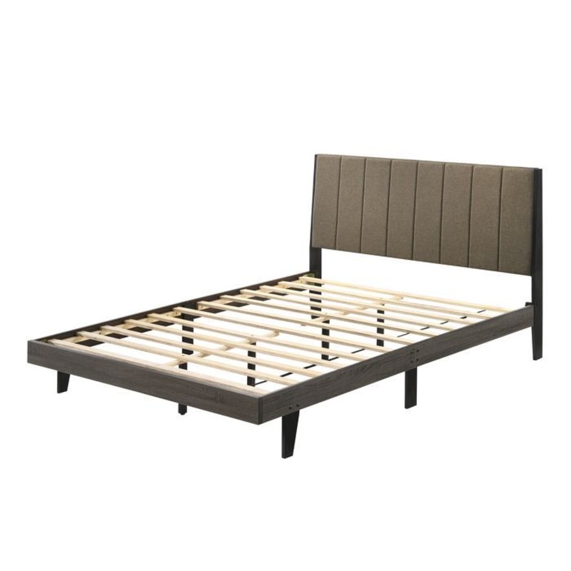 Valdemar – Queen Bed – Brown Fabric & Weatheted Gray Finish