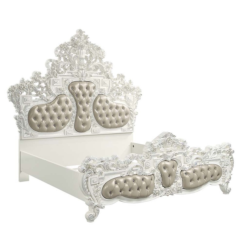 Vanaheim – Eastern King Bed – Beige PU & Antique White Finish